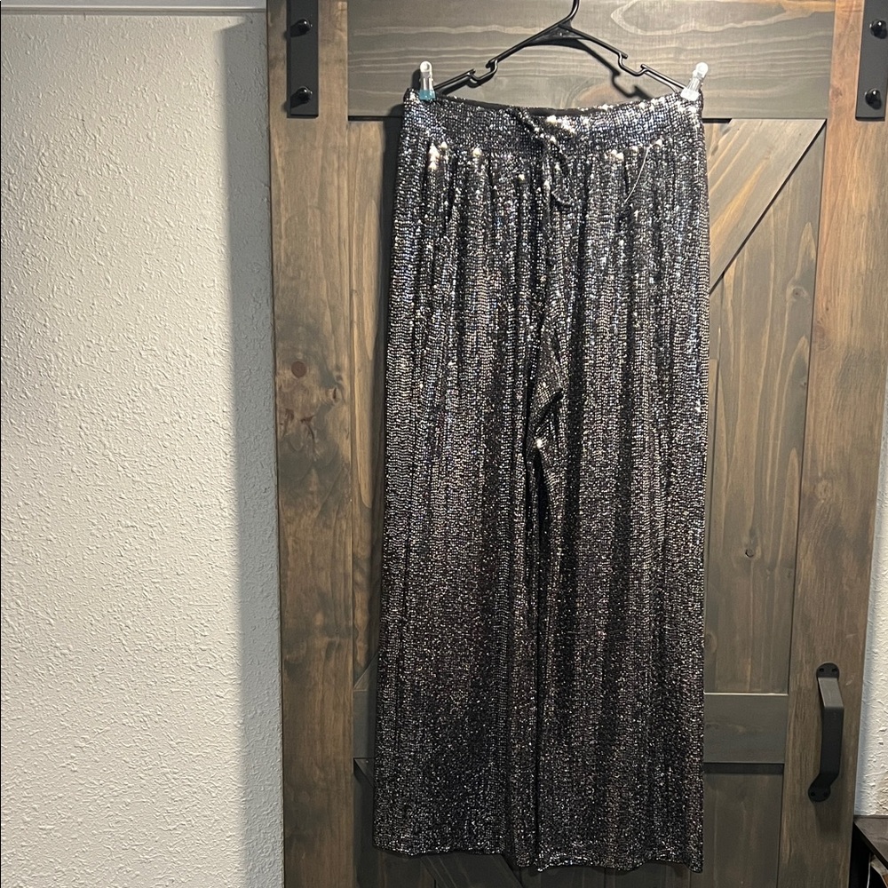 Lane Bryant Tall Silver and Black Sequin Wide Leg Pants